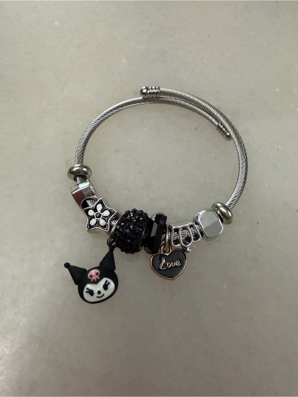 Silver Charm Bracelet with Black & Gold Heart 'Love' Charm